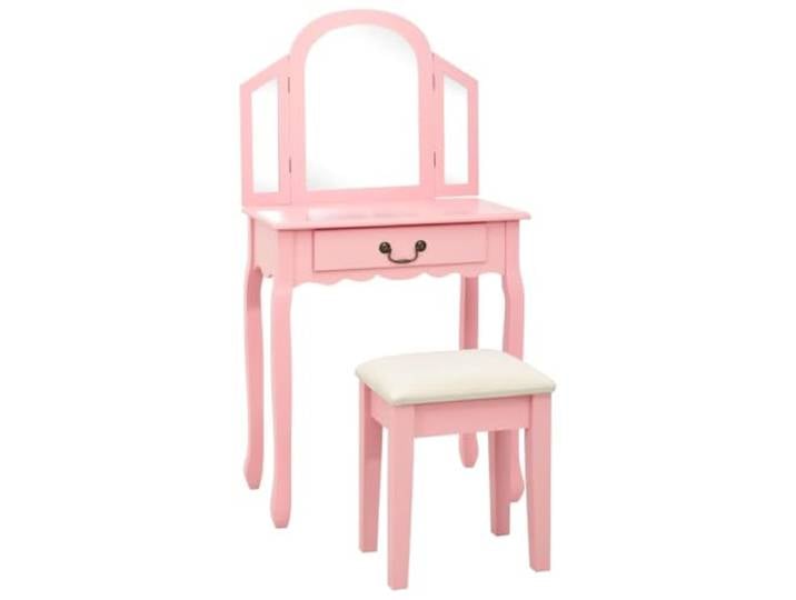 HKQWPBF Schminktisch mit Hocker Rosa 65x36x128 cm Paulownia-Holz MDF Ovaler Spiegel, Schublade, platzsparender Hocker, langlebig, pflegeleicht