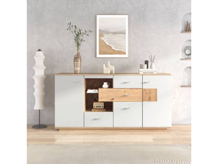 Buffet avec Étagère en Verre LED et 4 Tiroirs - design Moderne - 160x40x77 cm - Naturel + Blanc