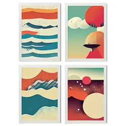 POSTER Set mit 4 Abstrakt Wellen Moderne Galaxien A3 Weißer Rahmen