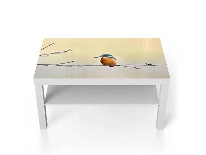 DEQORI Glastisch weiß groß 90x50 cm Motiv Königsfischer auf Zweig ausgefallener Beistelltisch aus Glas Hochglanz Couchtisch fürs Wohnzimmer moderner Couch Tisch mit Design