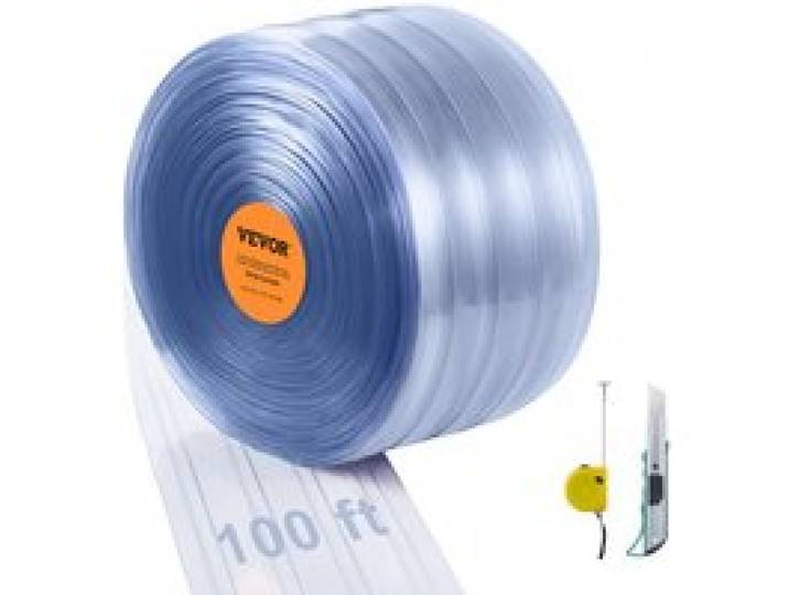 VEVOR Rideau à Lanière PVC, 3048x30,5 cm Rideau Lamelles Transparent Bande Plastique Nervurée Épaisseur 2 mm Rouleau Résistant avec Mètre de Poche pour Portes Supermarché, Garage, Entrepôt, Extérieur