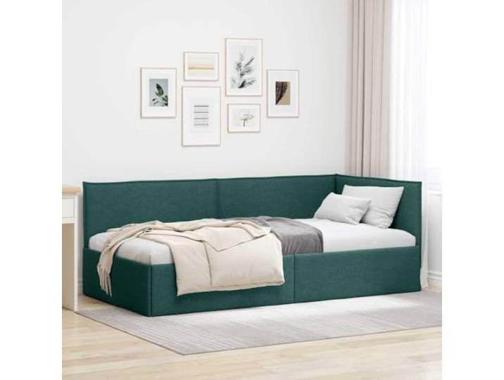 Eckbettrahmen dunkelgrün 90 x 200 cm Stoff L-förmiges Design, Holzrahmen, atmungsaktiver Stoff, verstellbares Kopfteil, starre Lattenrost, Verwendung von Schlafsofa