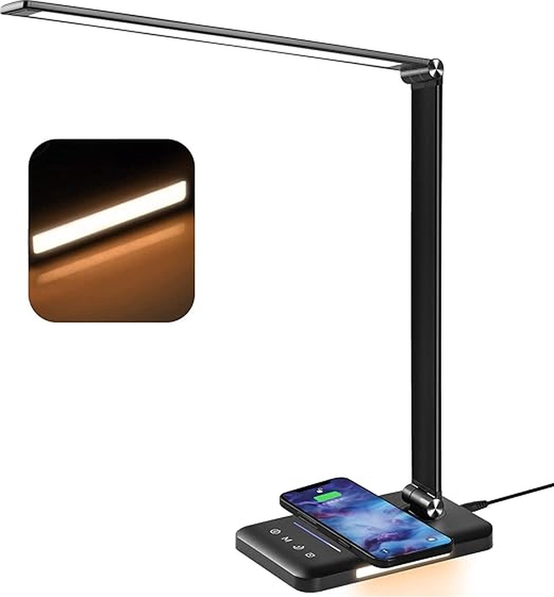 BIENSER LED Bureaulamp met 10W Draadloze Oplader en USB-poort, Zwart