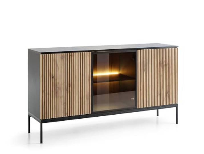 Emporius Daveno Kommode mit Lamellen, Schwarz, Wohnzimmer Kommode mit LED - Loft Stil, Sideboard 3-türig - 154 cm breit