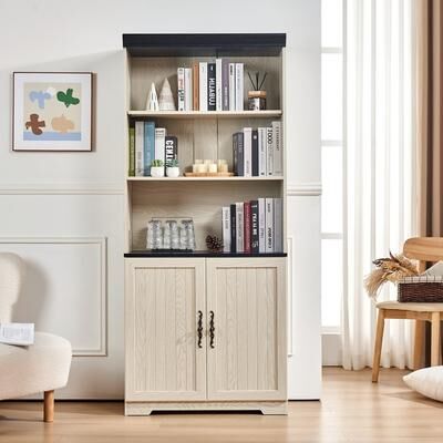 Tall Storage Cabinet, 5 Tier Cube Display Cabinet with Adjustable Shelves and Barn Doors