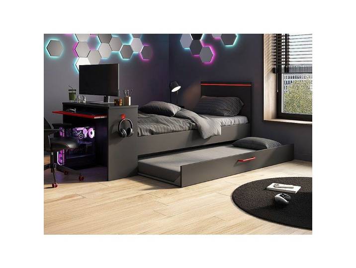 Lit gigogne gamer 2 x 90 x 200 cm - Avec bureau - LEDs - Anthracite et rouge - VOUANI