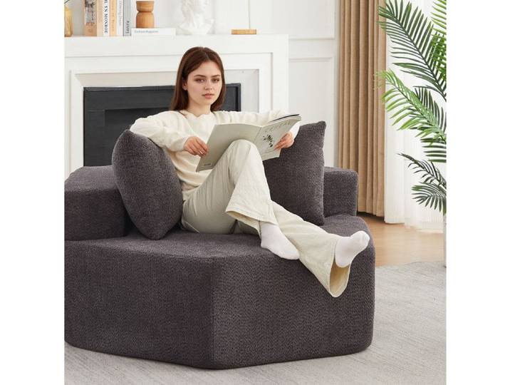 Fauteuil lounge modulaire hexagonal gris 138 x 122 x 76 cm 1 place chenille bouclée 3 coussins