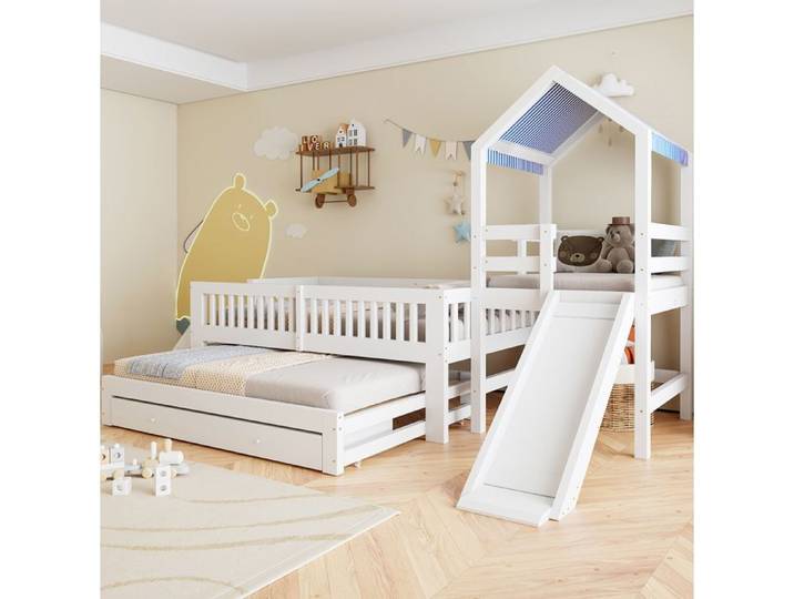 Lit enfant combiné 90x200 avec lit gigogne 90x190 toboggan échelle latérale tiroirs toit tissu blanc ORVRYN