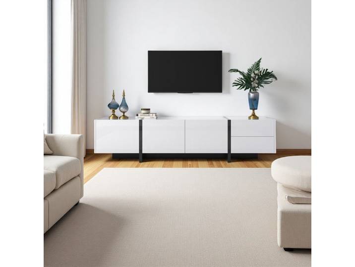 Meuble TV Meuble de rangement TV avec tiroirs Table TV en bois brillant Salon Blanc