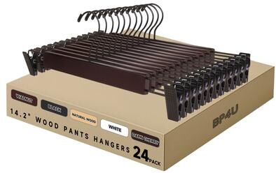 BP4U Premium Wooden Pants Hangers with Adjustable Clips, Solid Wood Skirt Hangers for Jeans, Slacks, Dresses