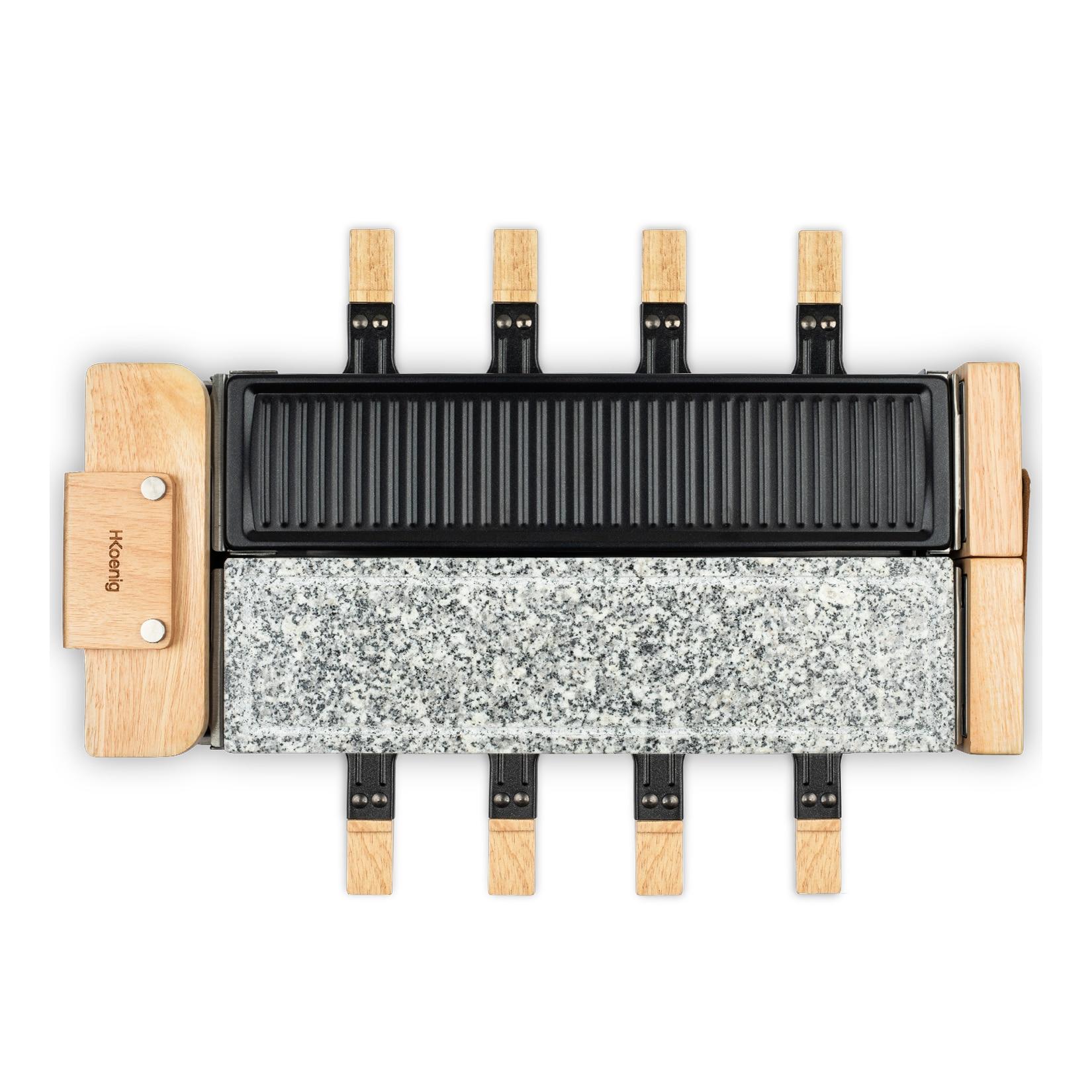 H.Koenig Raclette-Gerät für 8 Personen, WOD360,180 ° drehbar, abnehmbare Platten, 8 Pfannen und 8 Pfannenwender aus Holz, 1400 W