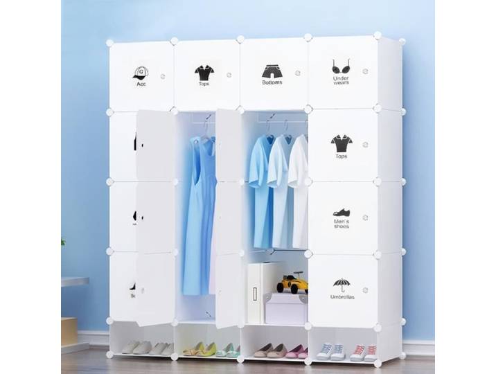 20 Cubes Armoire Penderie Plastique avac 4 Cubes Chaussures Blanc Cadre Métal Rangement Vêteme