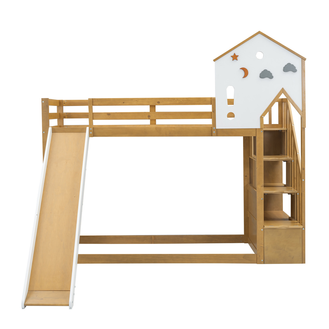Etagenbett,Hausbett,Kinderbett,Hochbett mit Ecktreppe,Dach und Fenster, mit 3 Schließfächer in der Treppe, Etagenbett mit Rutsche, Kiefer+MDF
