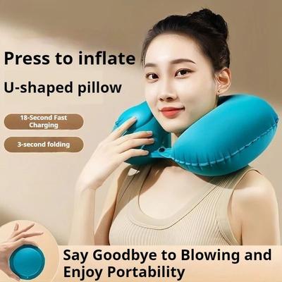 Uplifted Finds U shaped Flocking Inflatable Neck Pillow Portable Compression Travel Pillow For Outdoor Camping And Hiking gray