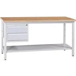 PROREGAL Werkbank CRICKET mit 2 Schubladen und Ablageboden | HxBxT 84x120x60cm | Traglast 150kg | Grau-Buche