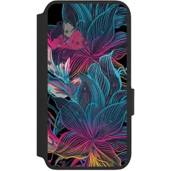 Nivocase Klapphülle für Samsung Galaxy S22 Handyhülle aus Kunst Leder NIVOflip schwarz Blumen Neon bunt (Samsung Galaxy S22), Smartphone Hülle, Mehrfarbig, Schwarz
