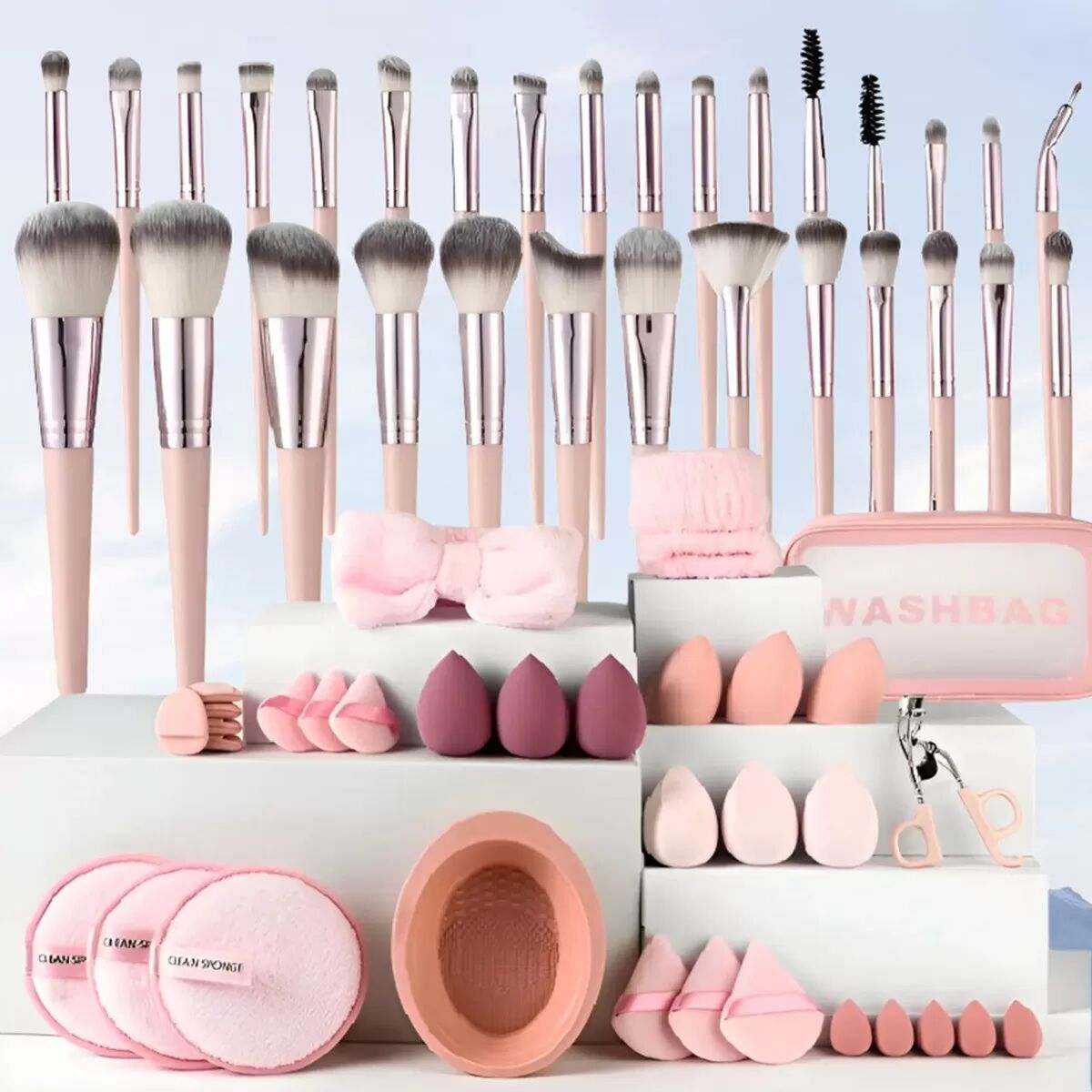 INF Ensemble de 30 pinceaux de maquillage avec éponges, bandeau, manchettes et pochette - Kit complet de pinceaux cosmétiques