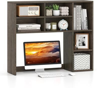 Costway Desktop Bookshelf with 7 Open Cubbies and 3 Adjustable Shelves-Oak