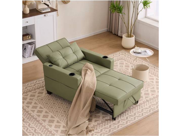 ROVRYN Fauteuil convertible 3 en 1 canapé-lit 1 place 3 inclinaisons USB porte-gobelets vert avocat