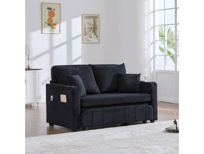 Canapé convertible 139x83 cm EVRYAE - avec ports USB et poches de rangement avec porte-gobelets - Noir