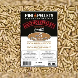PINI Hartholz Pellets 100% Buche Nr. 5 BBQ Beech 15 Kg Grillpellets zum Grillen Räuchern Smoken