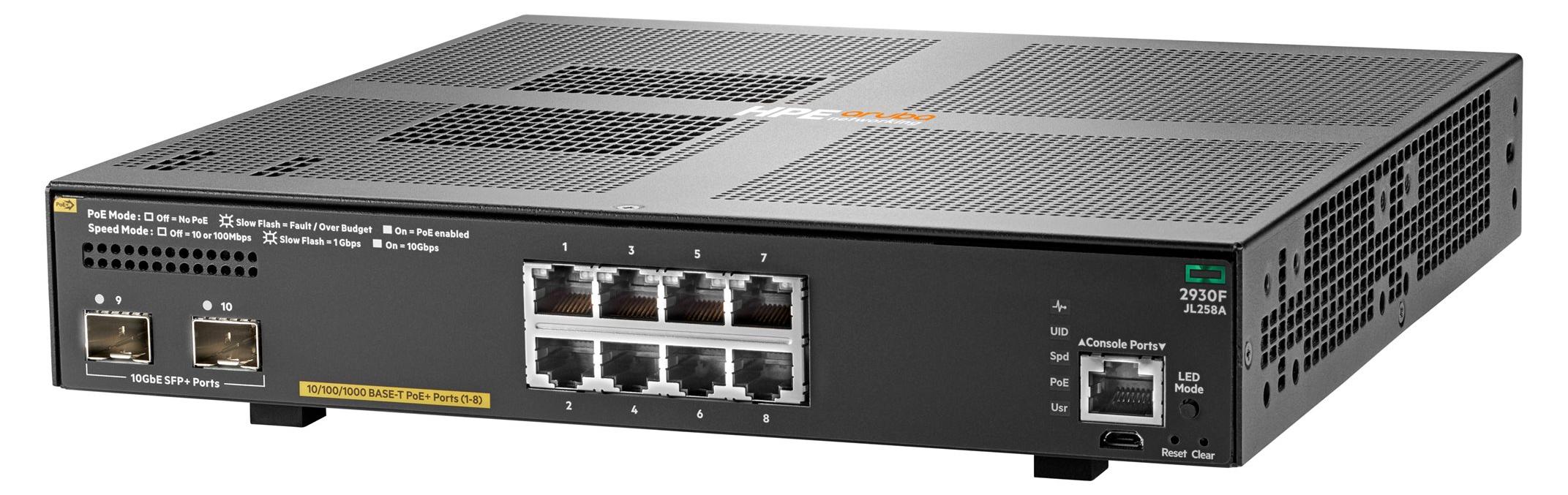 HPE Aruba Networking 2930F 8G PoE+ 2SFP+, Managed, L3, Gigabit Ethernet (10/100/1000), Power over Ethernet (PoE), Rack-Einbau, 1U