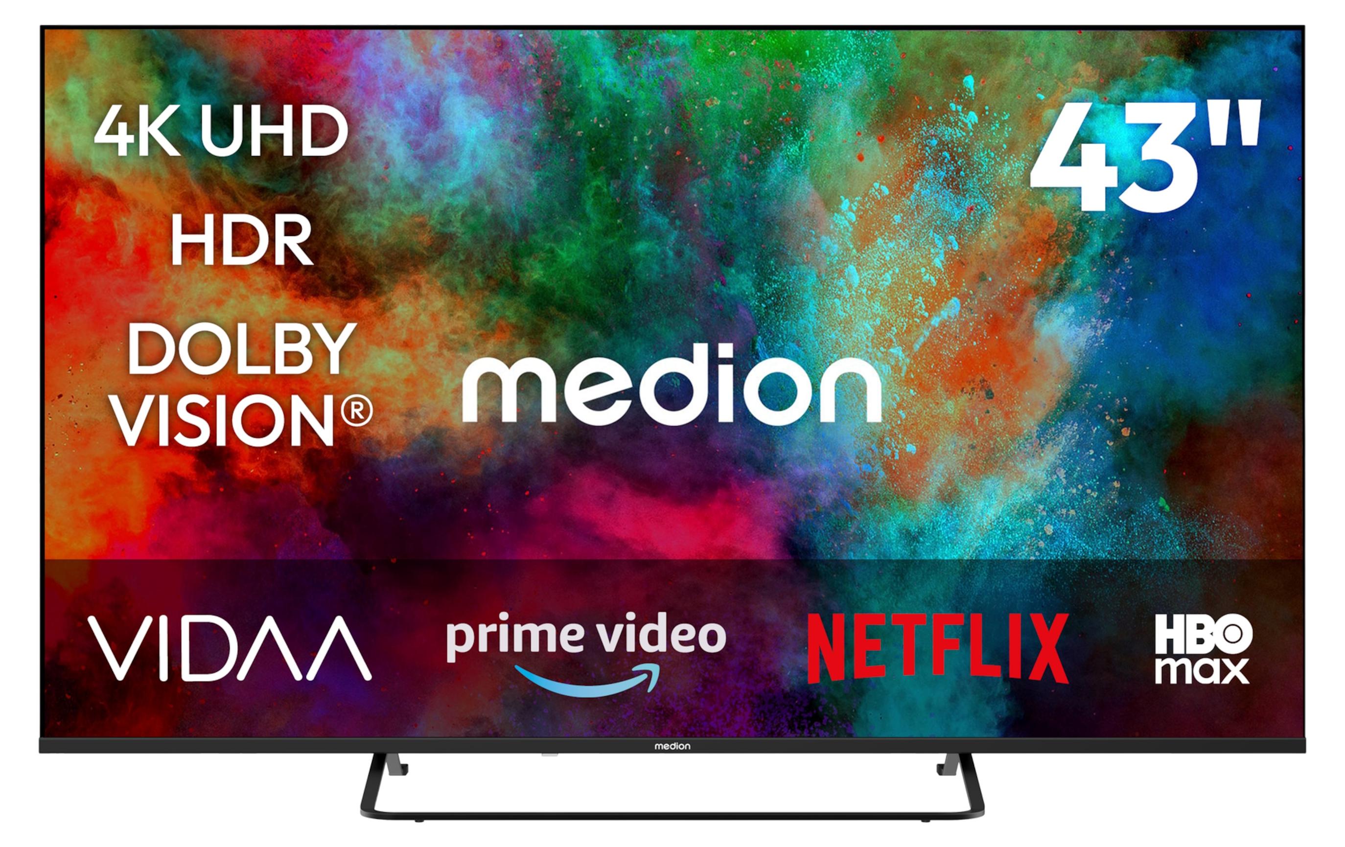 MEDION 108 cm (43 Zoll) Fernseher (Smart-TV, Dolby Vision HDR, HBO Max, MagentaTV, Prime Video, Disney+, DAZN, Paramount+, Dolby Atmos, VIDAA Store, PVR, Bluetooth, MD 843302)