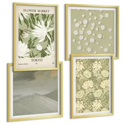 BILDER SET 4er Set - 50x50 cm & 40x60 cm Goldrahmen - Florale Abstraktionen im Boho-Stil