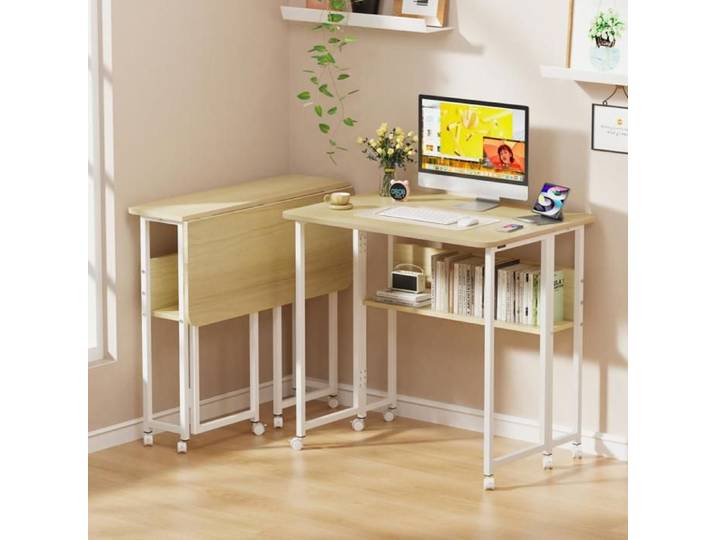 Bureau ordinateur pliable à roulettes-MENGDA-Bois-Avec étagère-Design pratique-80cm large-Pour maison bureau salon