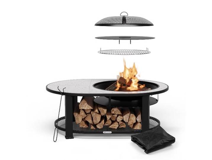 Blumfeldt Merano Circolo L Brasero Exterieur - 3-en-1 Brasero\, Barbecue & Table\, Plateau Terrazzo\, Cadre Acier Robuste\, Pare-Étincelles\, Grille & Tisonnier Inclus\, Idéal Jardin & Terrasse