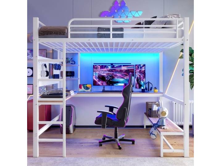 Luscriate Lit mezzanine 140x200 cm Lit jeune avec bureau LED USB-C rangements métal - blanc