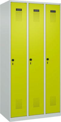 Kleiderspind C+P Evolo Plus, 3 Abteile, Anschlag rechts, Sicherheits-Drehriegel, B 900 x T 500 x H 1850 mm, lichtgrau/clowngrün