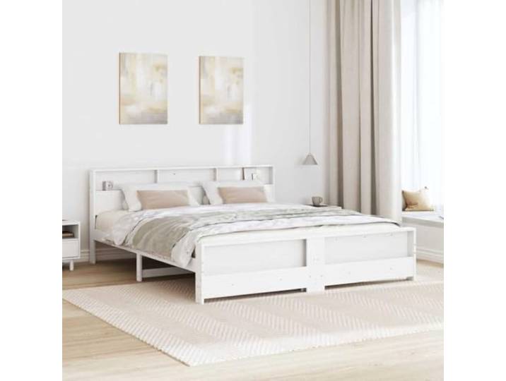 KTHLBRH Bettgestell, weiß, 200 x 200 cm, Massivholz Rechteckiges Design, feste Latten, fester Boden, Verwendung im Innenbereich, minimalistischer Stil