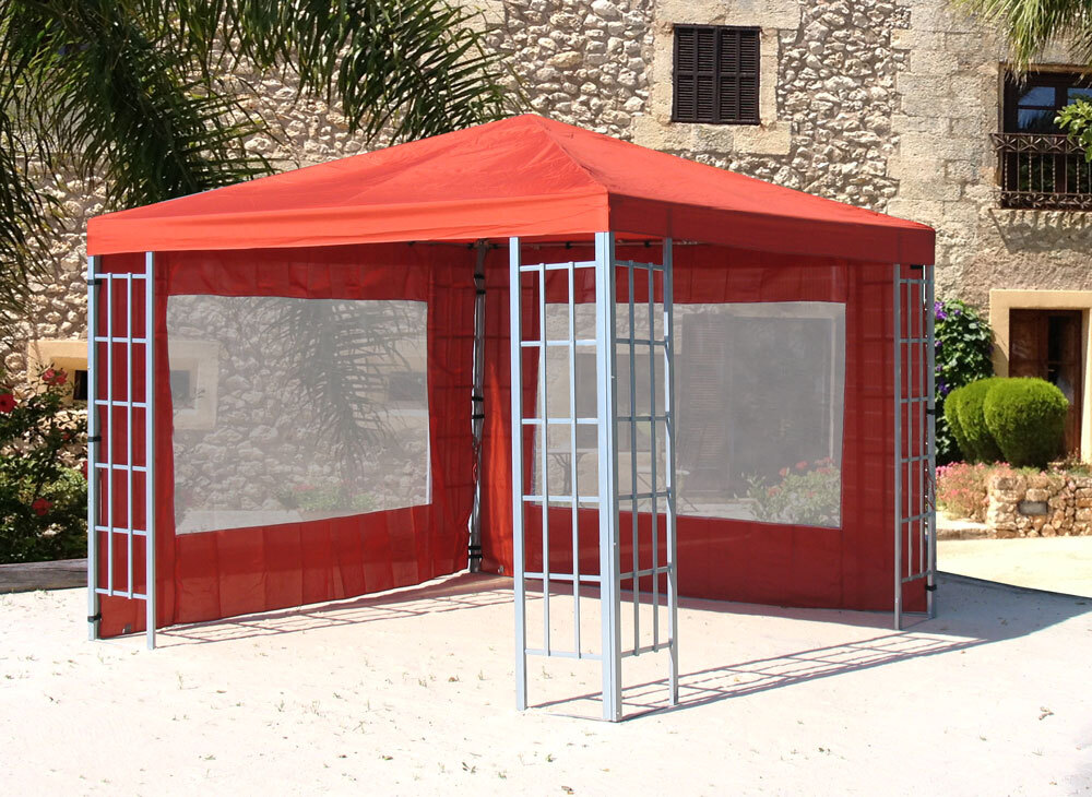 Rank Pavillon Set 3x3m Metall Garten Partyzelt Terra / Rotorange RAL 2001 mit 2 Seitenteilen mit Fenster