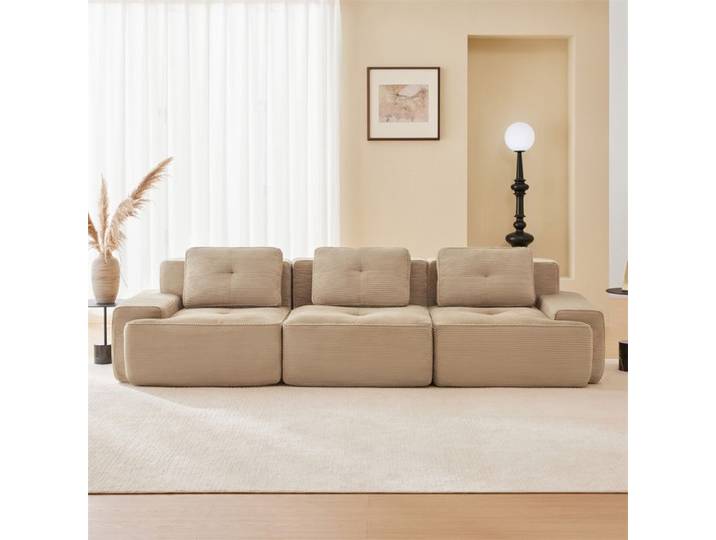 DRIPEX Canapé Cloud modulable 3 places surdimensionné Canapé en velours côtelé avec 3 coussins 293*104*69cm Beige