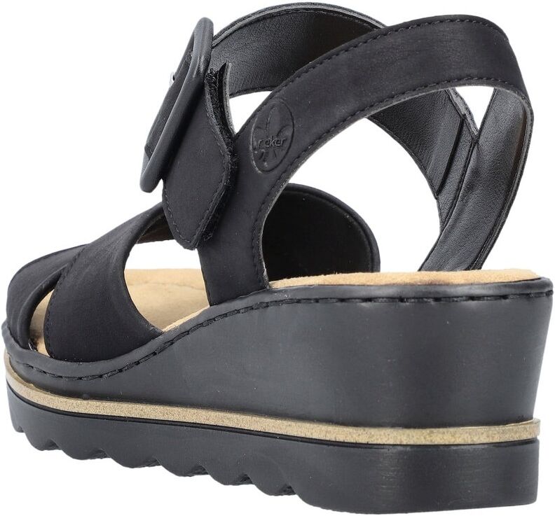 Keilsandalette RIEKER, Damen, Gr. 36, Synthetik, schwarz, Lederimitat, Schuhe Keilsandalette, Sommerschuh, Sandale, Keilabsatz, mit gekreuzten Bandagen schwarz 36, Synthetik