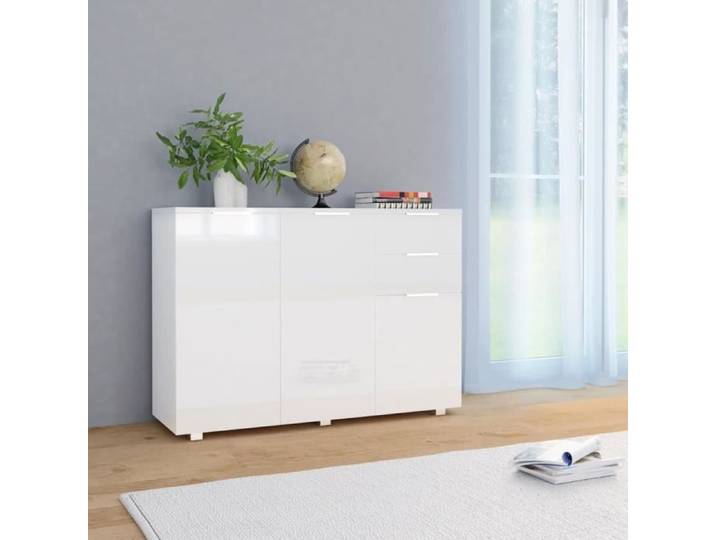 Buffet bas - Blanc brillant - 3 portes - 2 tiroirs - Contemporain