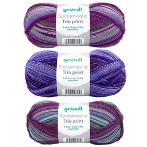 Gründl Häkelgarn 6229-02, Sockenwolle Trio print, 3 Stück, 100 g / 420 m, Nadelstärke 2.5-3, Schurwolle/Polyamid