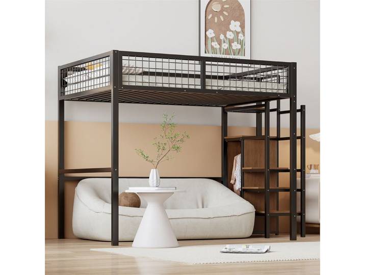Lit Mezzanine 140x200 avec Armoire Lit Mezzanine 2 Places pour Enfant Adulte Ado avec Escalier étagère de Rangement Métal Noir