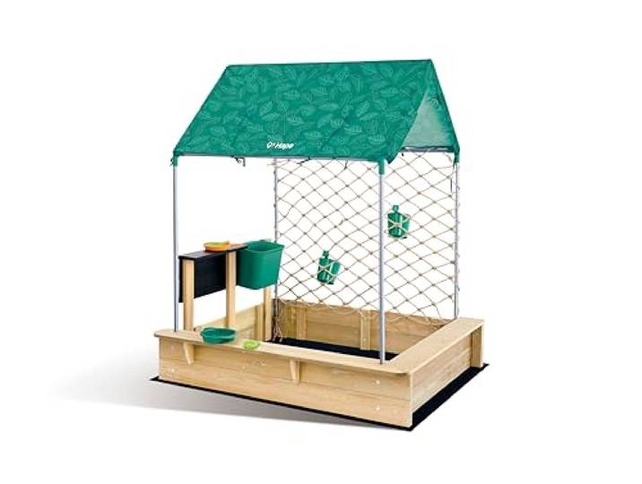 Hape Outdoor Sandkasten mit Dach, Netz & Spielzubehör – All-in-One Sandkasten-Set, Outdoor Spielzeug
