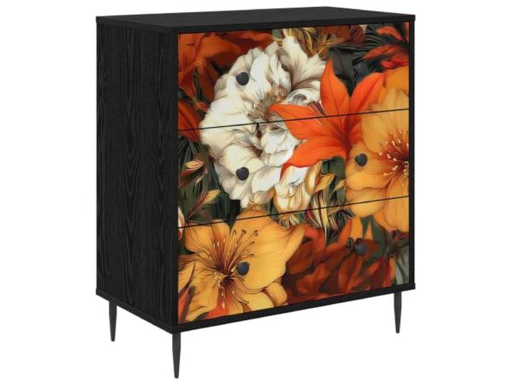 KLGBNCVE Kommode GENNEP Lilienmuster 66 x 36,5 x 76 cm Holzwerkstoff Drei Schubladen, matte Stahlgriffe, erhöhte Füße, Schlafzimmer, Wohnzimmer