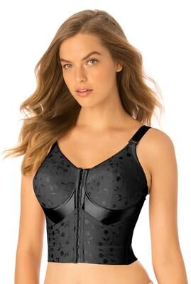 Plus Size Women's Jacquard Front-Close Wireless Longline Posture Bra by Elila in Black (Size 48 DD/E)