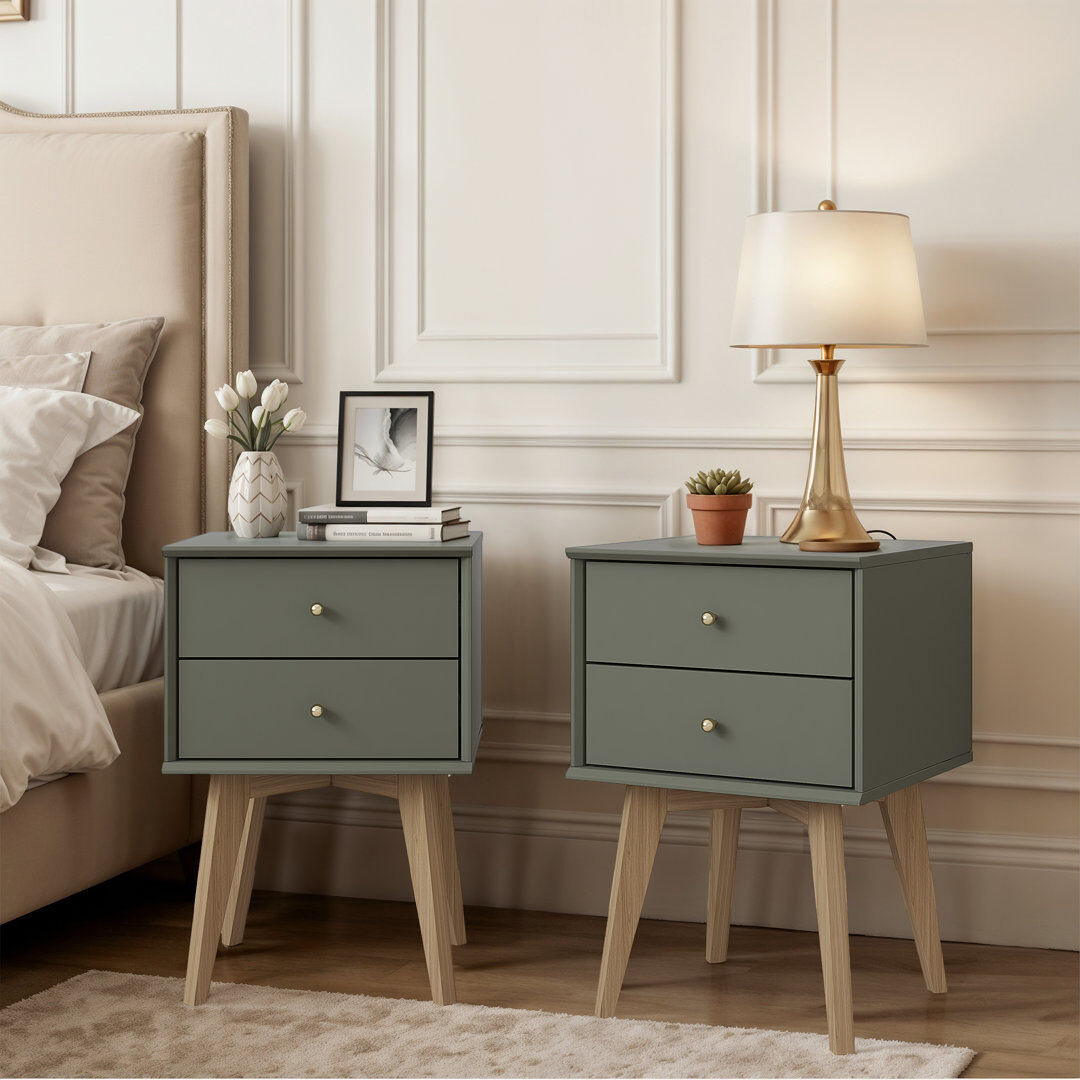 George Oliver Abby 2 Drawer Bedside Table Sets of 2 Kale Green 59cm H X 39.5cm W X 39.5cm D