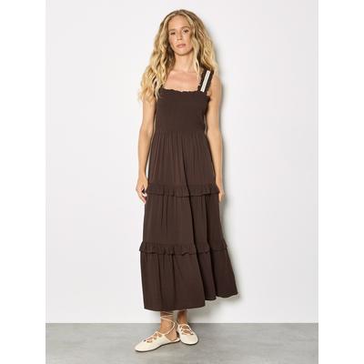 Midikleid APRICOT "Midi-Kleid", Damen, Gr. XS (34), N-Gr, braun, gewebt, Obermaterial: 100% Viskose LENZING ECOVERO CV LenzEcov., Kleider Midikleid, mit gestufter Spitzenverzierung