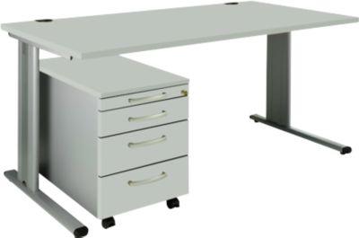 Schäfer Shop Pure 2-tlg. Büromöbel-Set PLANOVA BASIC, Schreibtisch, B 1600 mm, lichtgrau/weißalu, mit Kabelkanal + Rollcontainer 1233