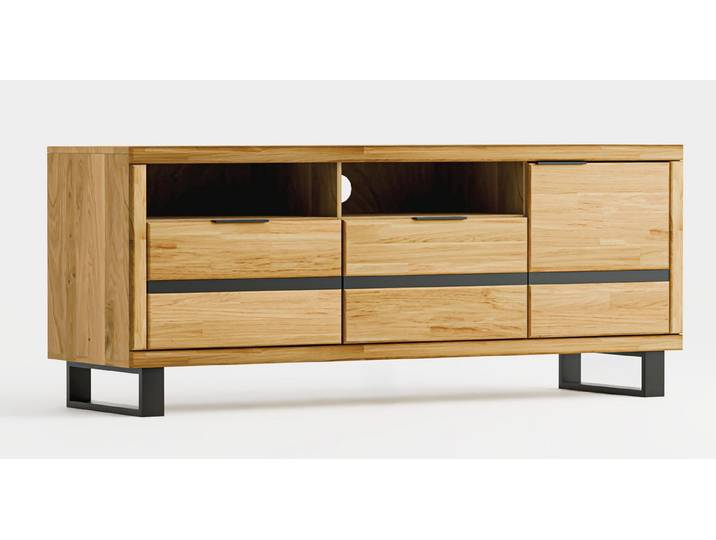 Feldmann-Wohnen Lowboard Mono (Massivholz, mit Klappen, mit Tür, mit Fächer, 1 St., moderne Optik, Massivholz, mit Klappen, mit Tür, mit Fächer), 159x42x64,5cm 3-türig Eiche geölt Massivholz