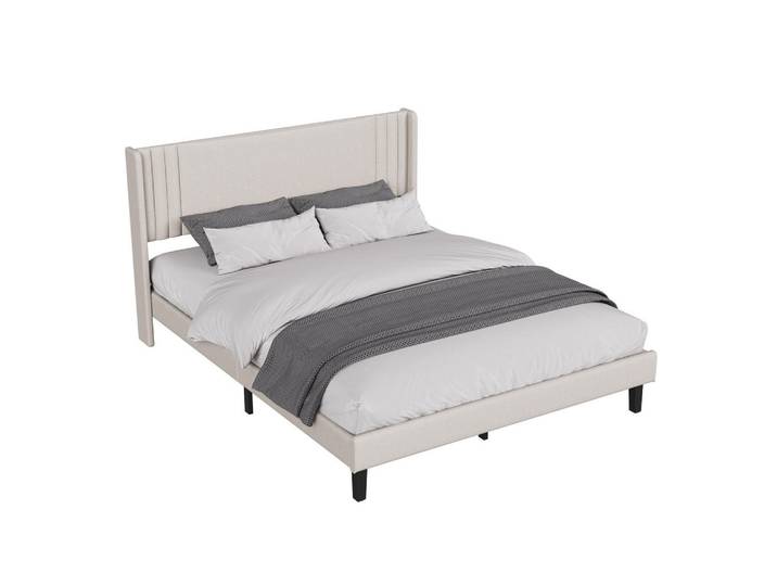 Shopentra Polsterbett 140x200cm beige Leinenoptik, stabiler Bettrahmen, Beige, Holz, Schlafzimmer, Betten, Polsterbetten