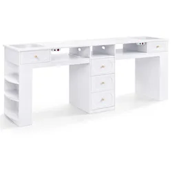 BarberPub Doppelnageltisch mit 5 Schubladen, 2 Regalen, 3 Ablagen & 2 Glasplatten, Manikürtisch mit 2 Absaugungen, Nagelfrisiertisch Holz, Schreibtisch für Nagelstudio Weiß, 55x202x80cm, 2S-2442
