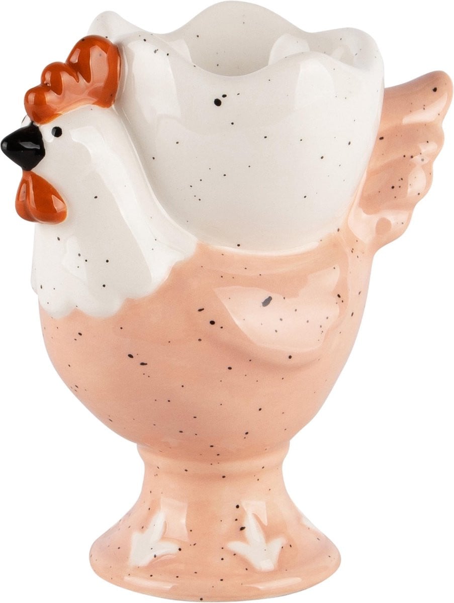 Keramisch eierdopje kip in wit en peach, 10 x 5 x 10 cm