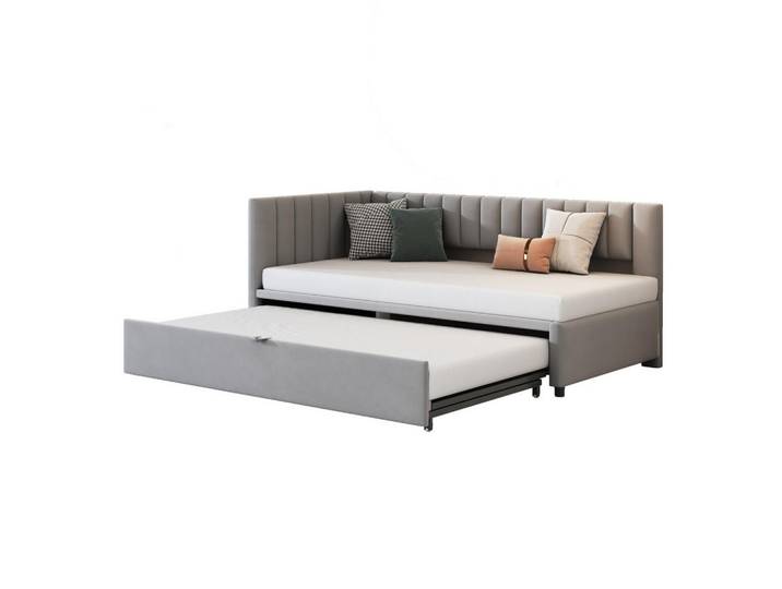 Modfu Polsterbett aus Samt 90x200 cm in Grau mit Ausziehbett, 90x180 cm, Schlafzimmer, Betten, Polsterbetten